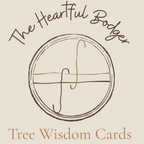The Heartful Bodger Tree Wisdom Cards logo on a warm beige background, featuring a hand-drawn circular monogram with a tree motif and brown text.