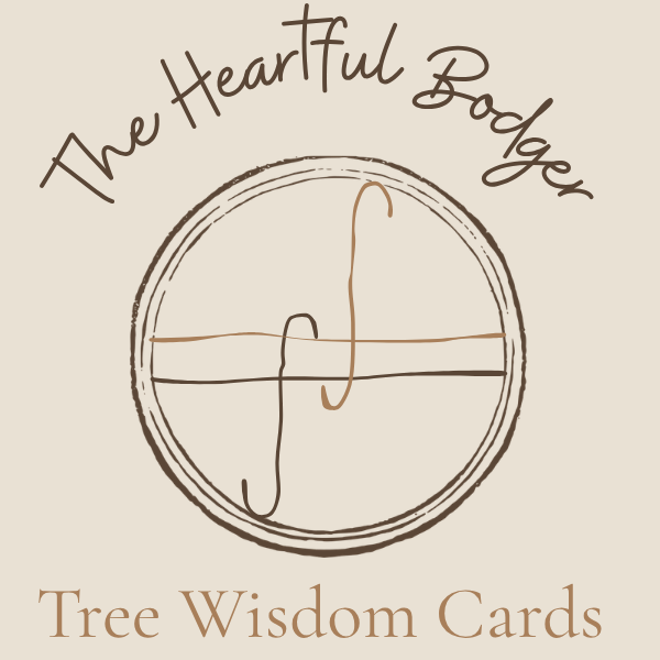 The Heartful Bodger Tree Wisdom Cards logo on a warm beige background, featuring a hand-drawn circular monogram with a tree motif and brown text.