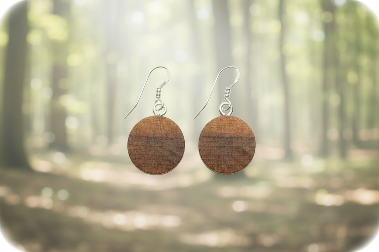 Wooden earrings with rounded corners and woodland background
